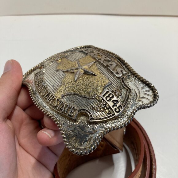 ADM Silversmith Col Texas Lone Star State Belt Buckle 40 Leather Belt Hand Made - Picture 5 of 16